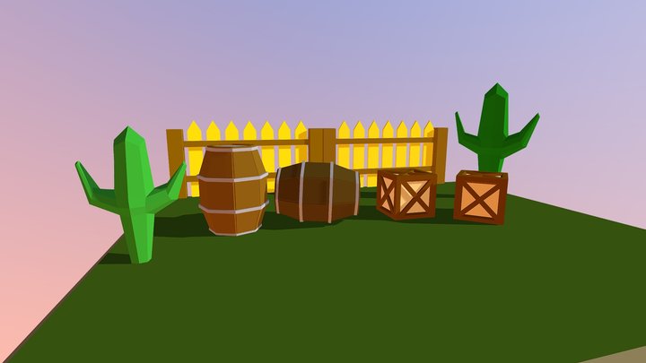Low-poly: Box and Barrel, Cactus, Fence 3D Model