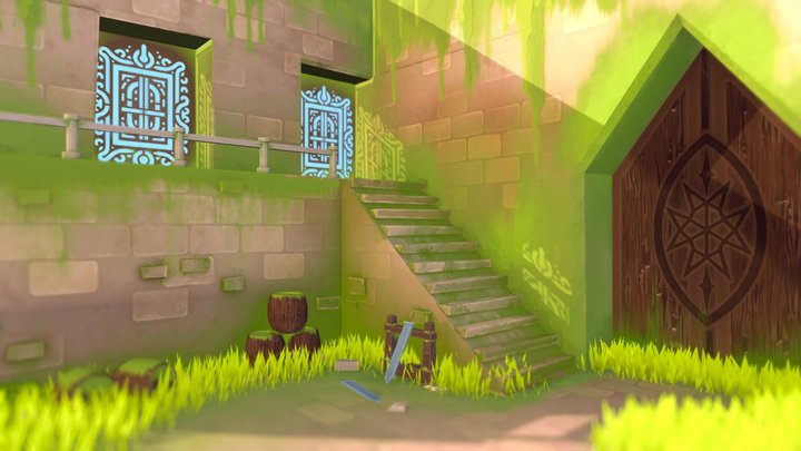 Low poly game level scene - Dungeon Overgrown 3D Model