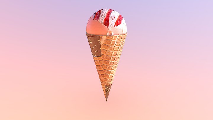 Strawberry Ice Cream Cone 3D Model