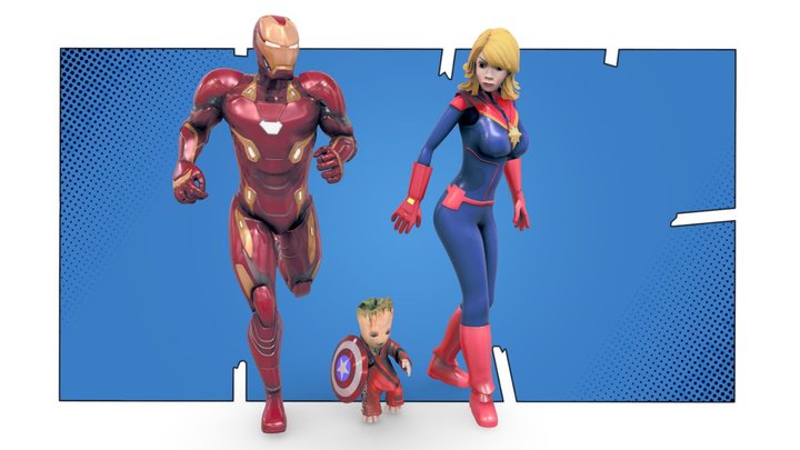 Iron Man, Cap Marvel & Baby Groot Stylised 3D Model