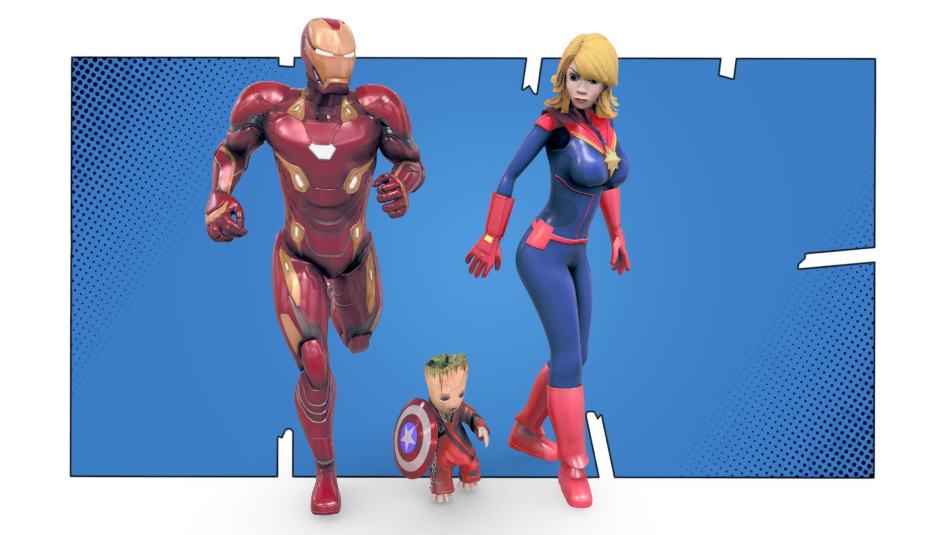 Iron Man, Cap Marvel & Baby Groot Stylised - Buy Royalty Free 3D model by  JCulley3D (@jamesculley) [1afb3ae] - Sketchfab Store