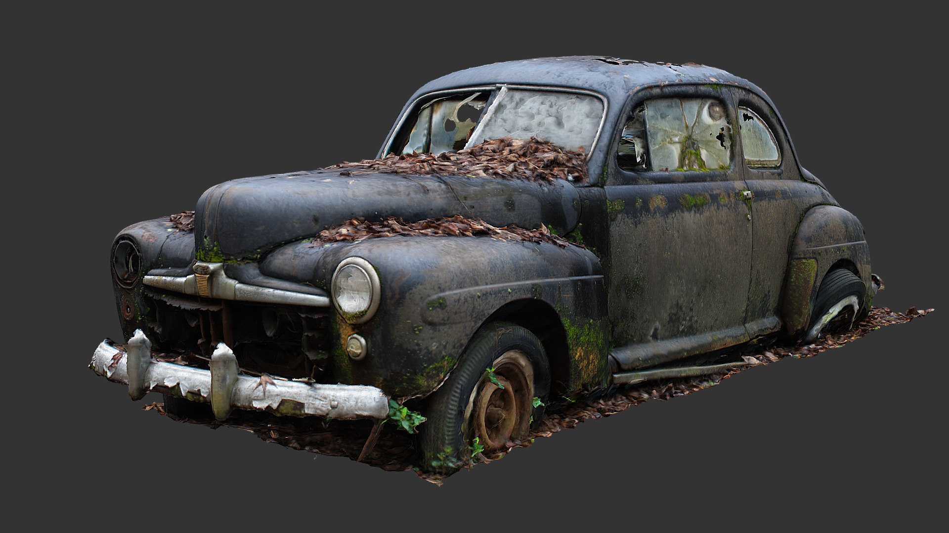 3D model Black 1940s Coupe (Raw Scan) - This is a 3D model of the Black 1940s Coupe (Raw Scan). The 3D model is about an old rusted car.