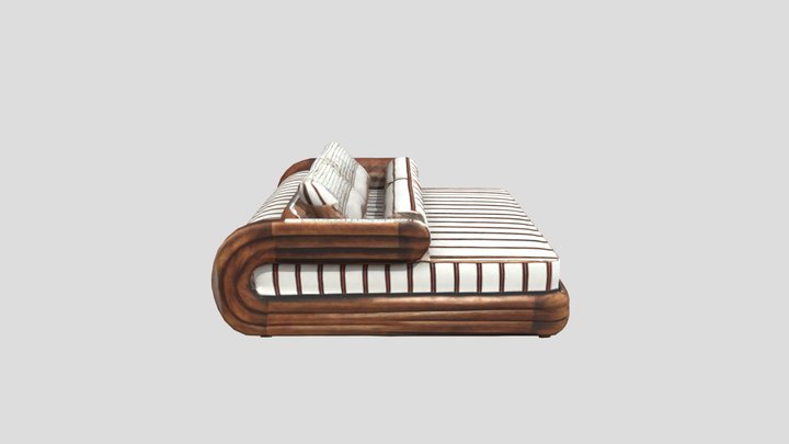Curved Wooden Armchair with Striped Cushions 3D Model