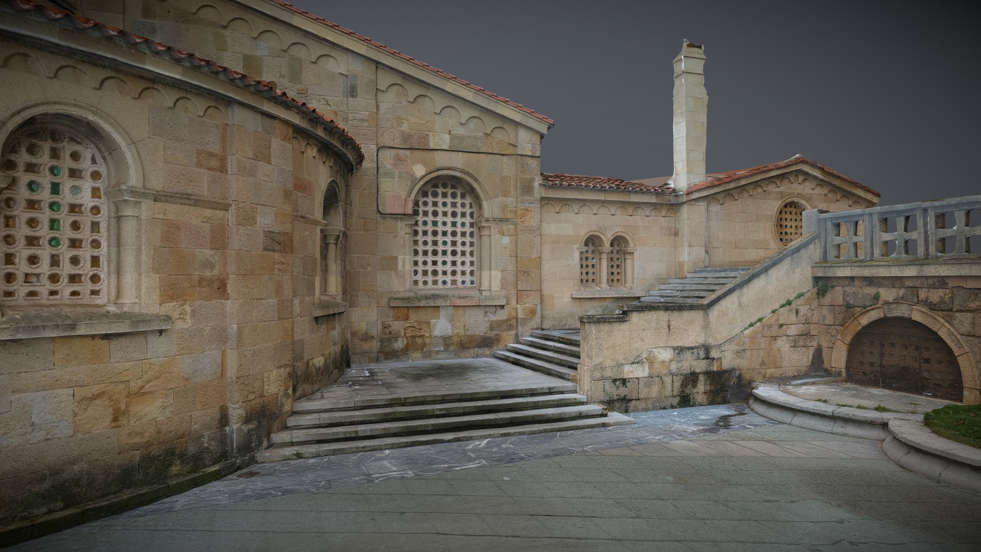 3D model Stairs behind church photogrammetry scan - This is a 3D model of the Stairs behind church photogrammetry scan. The 3D model is about a stone building with a stone walkway.