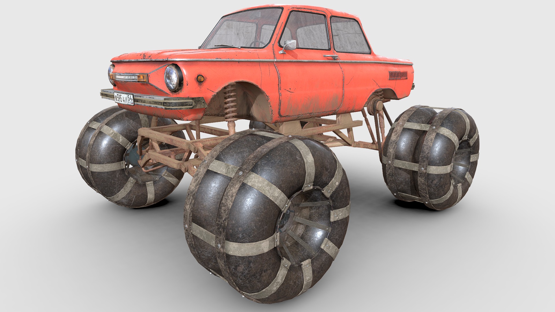 3D model zaporozhec (ZAZ 968M) 4K - This is a 3D model of the zaporozhec (ZAZ 968M) 4K. The 3D model is about a red car with large tires.