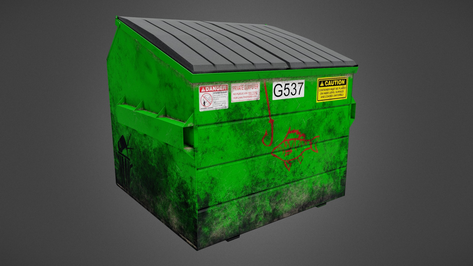 3D model 6 Yard Slant Dumpster - This is a 3D model of the 6 Yard Slant Dumpster. The 3D model is about a green box with a red label.