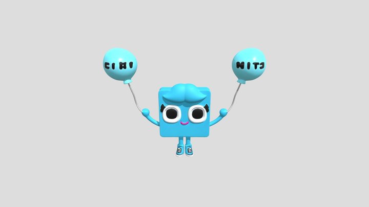 Square blue cartoon character with balloons