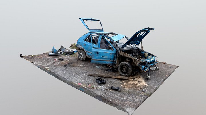 Blue Škoda Felicia car wreck 3D Model
