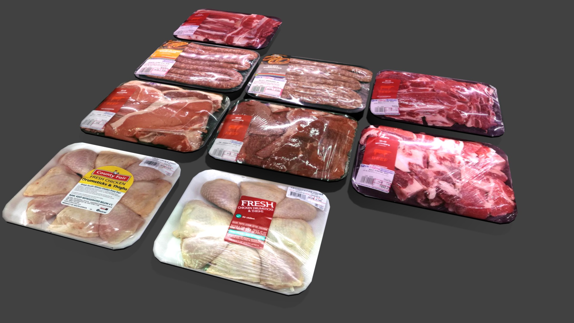 3D model Cold Area Meat Section kit for shop or store - This is a 3D model of the Cold Area Meat Section kit for shop or store. The 3D model is about a group of packages of meat.