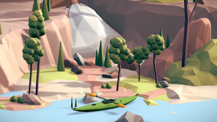 Low Poly Kayak Nature Scene 3D Model