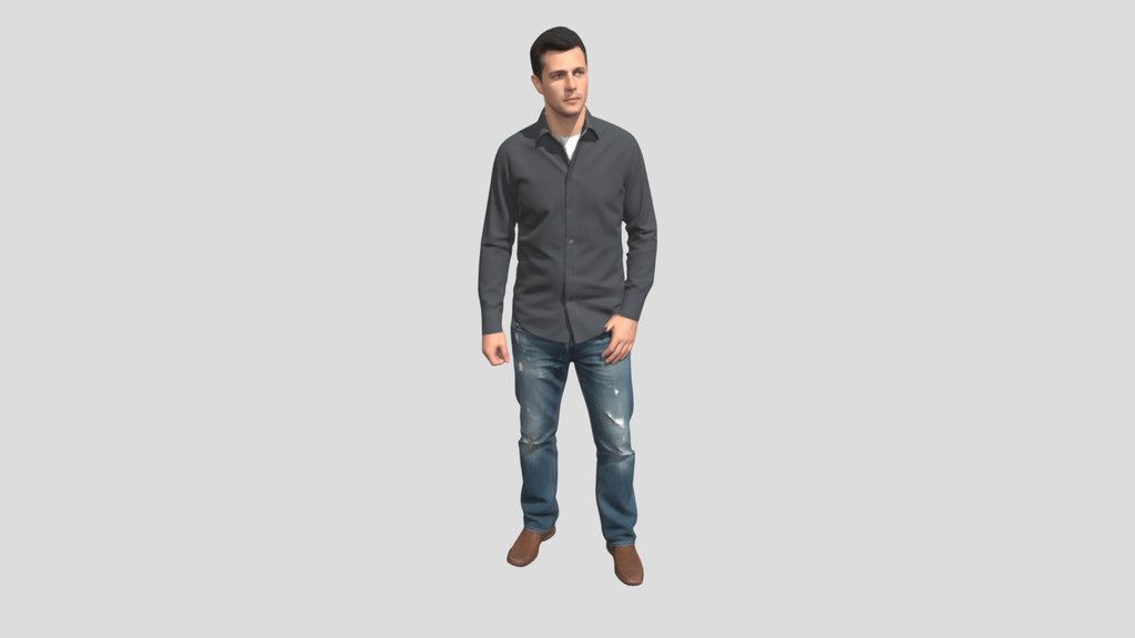Casual Look In Gray Shirt And Distressed Jeans