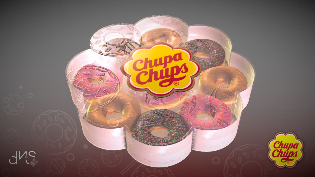 3D model chupa chups donuts sweets packaging - This is a 3D model of the chupa chups donuts sweets packaging. The 3D model is about a box of donuts.