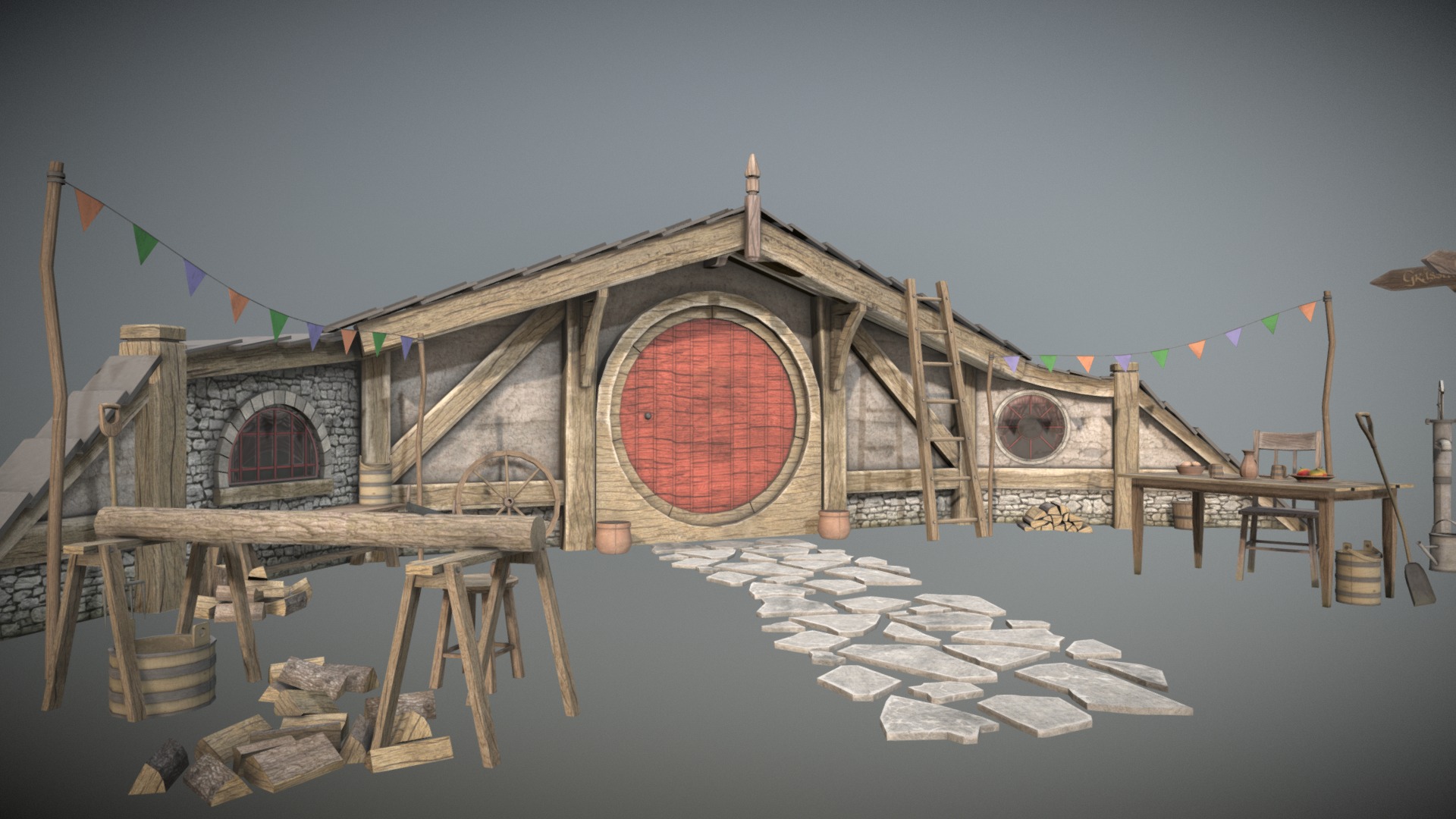 3D model Halfling Home - This is a 3D model of the Halfling Home. The 3D model is about a building with flags.