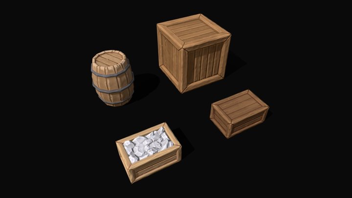 Stylized Low Poly Wooden Boxes And Barrel 3D Model