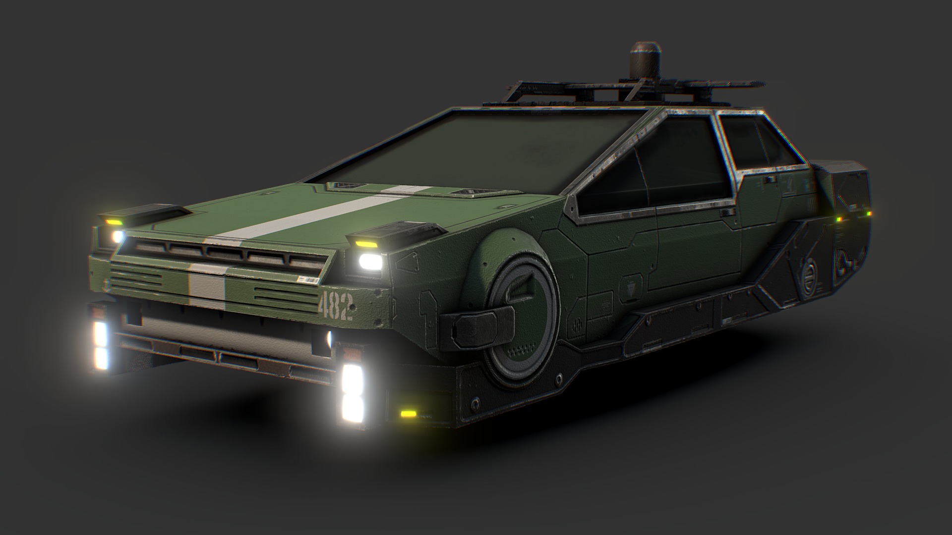 3D model Cyberpunk Hovercar - This is a 3D model of the Cyberpunk Hovercar. The 3D model is about a green car with lights.