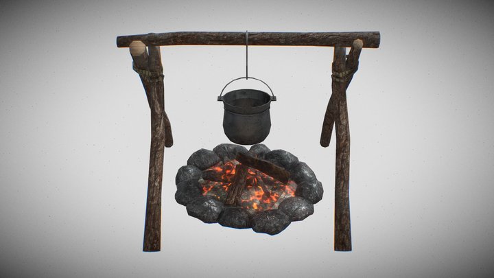 Low poly Camp Fire Cooking Station 3D Model