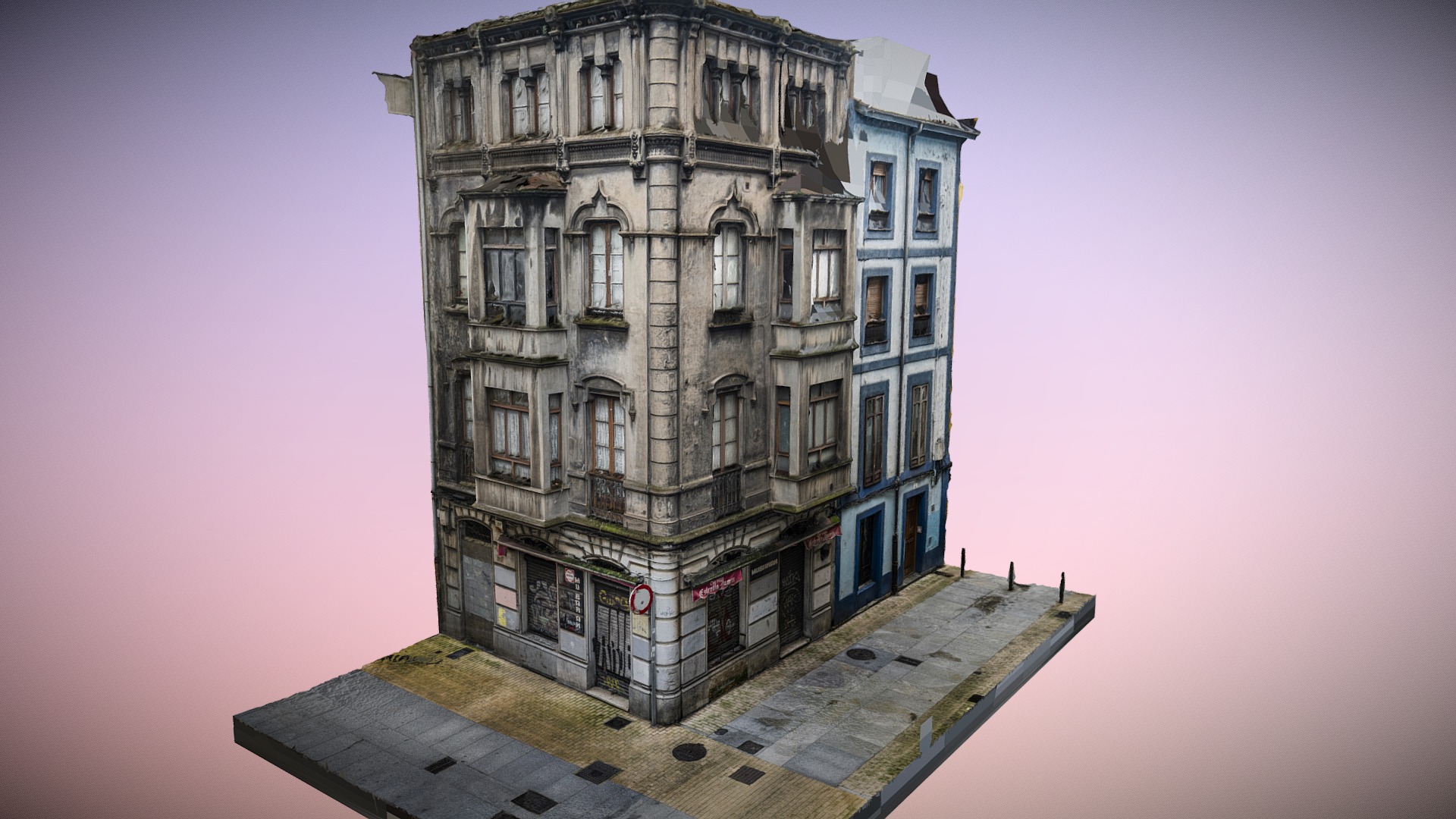3D model Old building and sidewalk photogrammetry scan - This is a 3D model of the Old building and sidewalk photogrammetry scan. The 3D model is about a building with a tower.