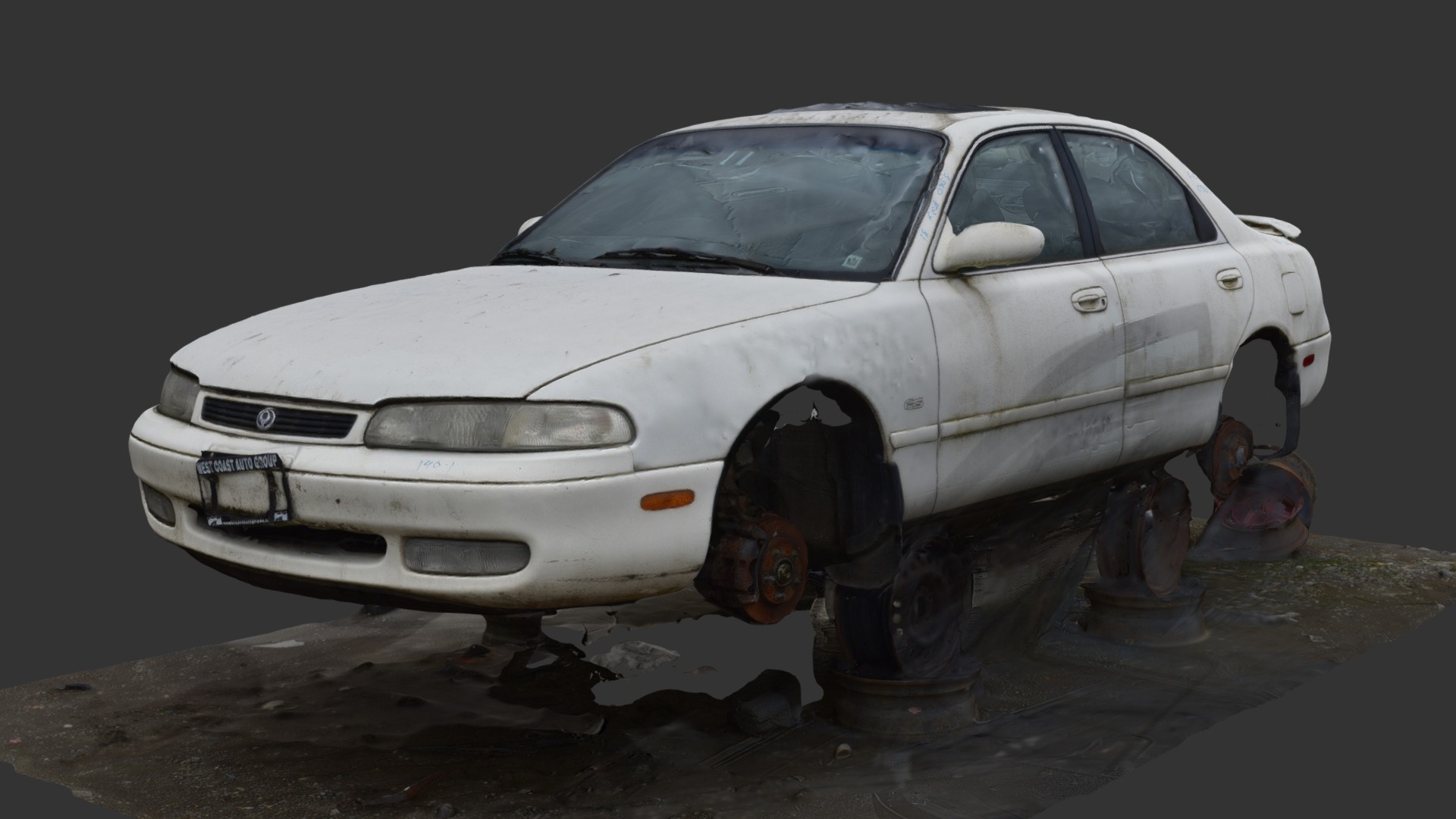 3D model (3D Scan) Salvage Yard Car - This is a 3D model of the (3D Scan) Salvage Yard Car. The 3D model is about a white car with a damaged front end.