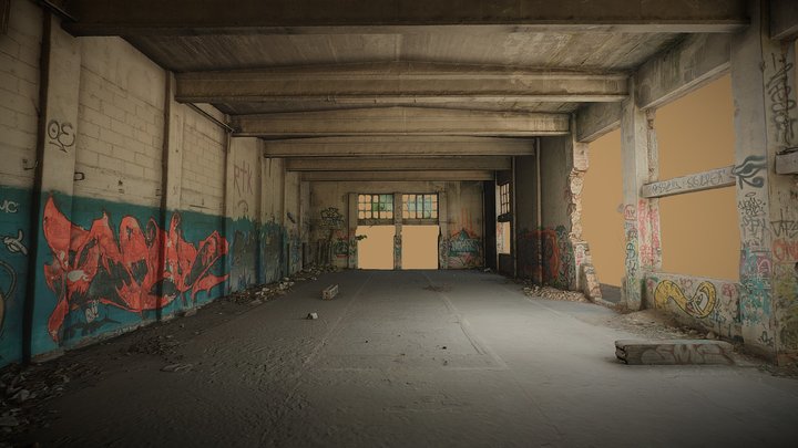 Large abandoned hall, graffiti and skatepark 3D Model