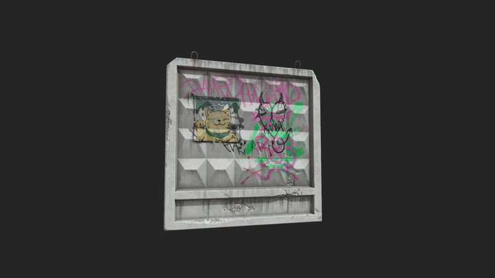 concrete fence with graffiti 3D Model