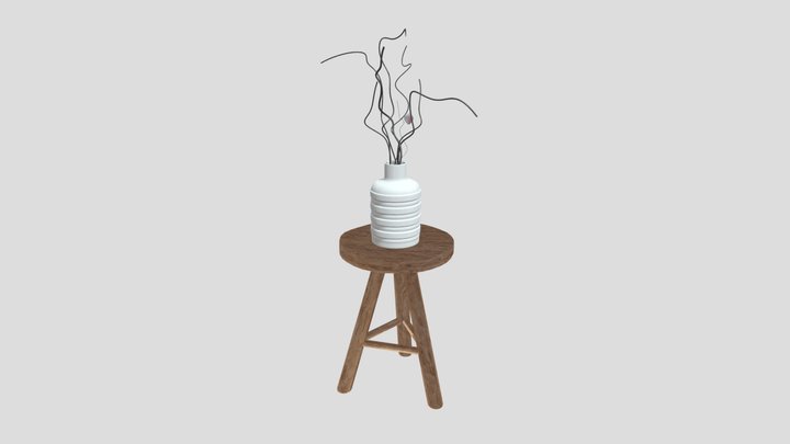Wooden Stool With Decoration Vase And Plant