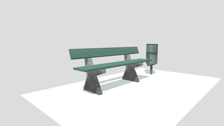 Park benches and trash cans (Low poly) 3D Model