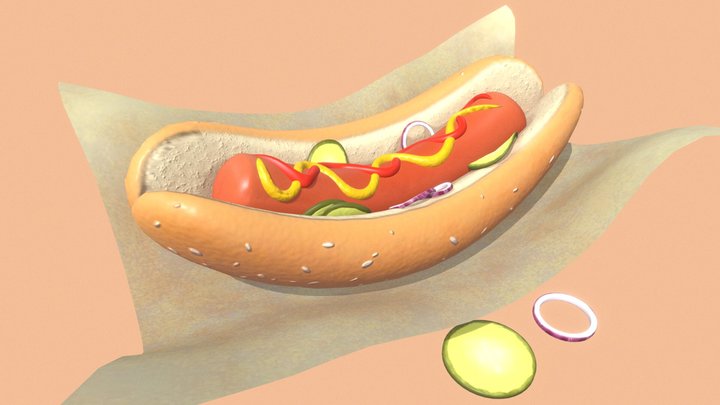 Stylized Hot-Dog with Pickles and Onions 3D Model
