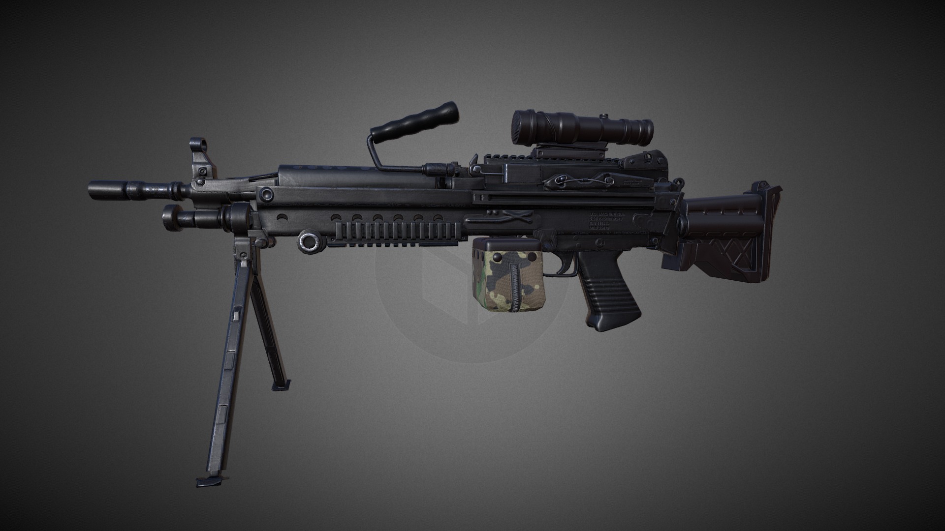3D model M249 Machine Gun - This is a 3D model of the M249 Machine Gun. The 3D model is about a gun with a scope.