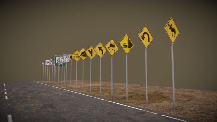 American Road Signs Pack PBR Game-Ready Low-Poly 3D Model
