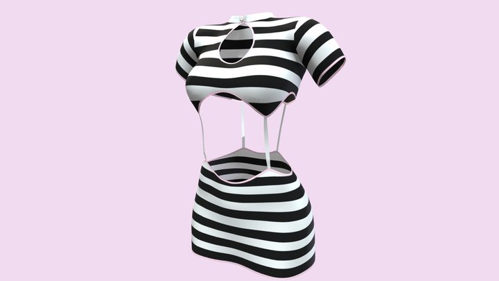 Chest Cutout Striped Mini Midriff Female Dress 3D Model