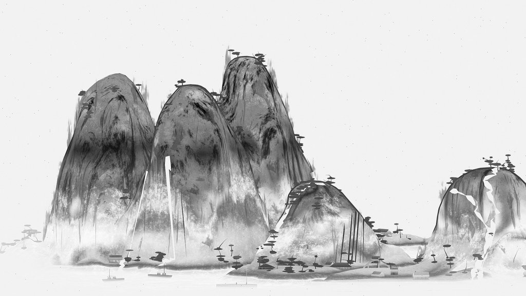 Mountain And River Scroll - Black and White