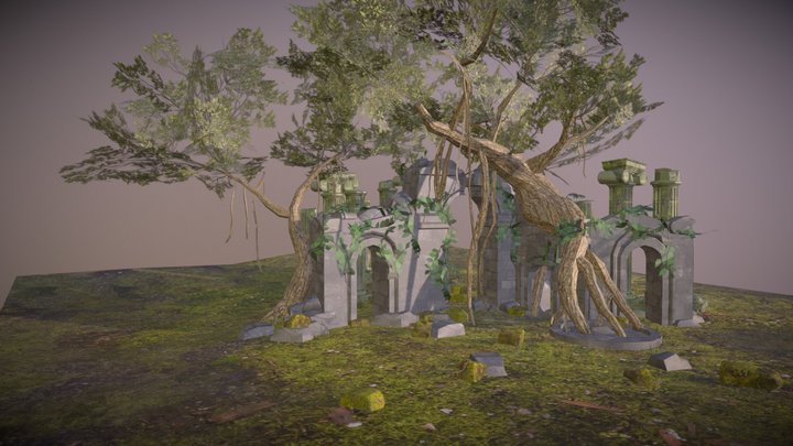 Wreck and ruin, and banyang tree 3D Model