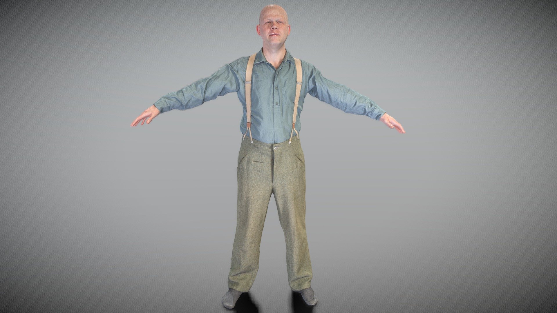 Bald man in shirt and pants with suspenders 182