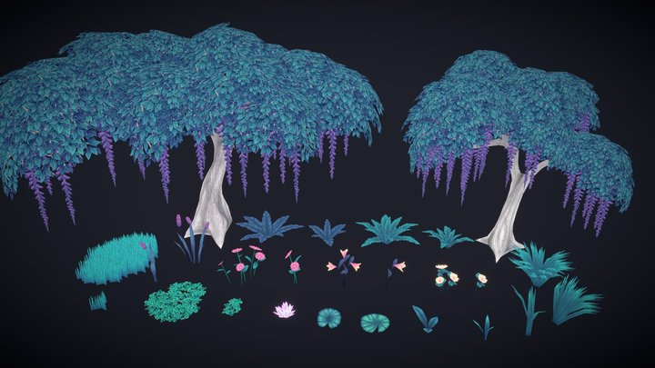 Handpainted Fantasy Trees and Foliage Set 3D Model