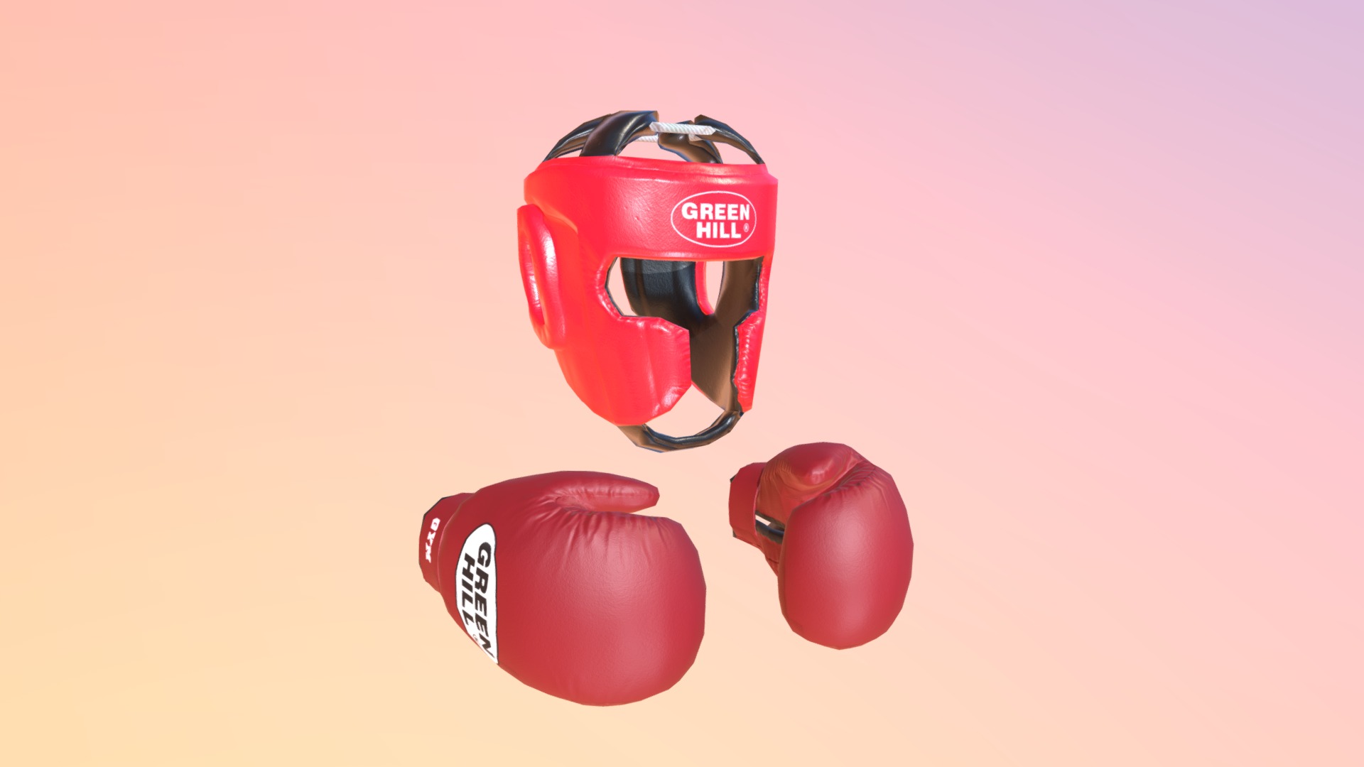3D model Boxing equipment – helmet and gloves - This is a 3D model of the Boxing equipment - helmet and gloves. The 3D model is about a pair of red boxing gloves.