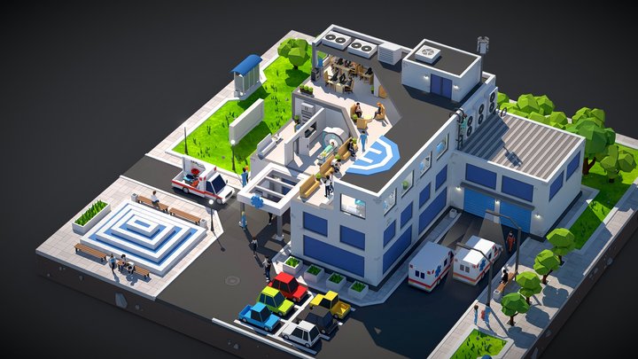 Hospital Building Cutaway with Characters 3D Model