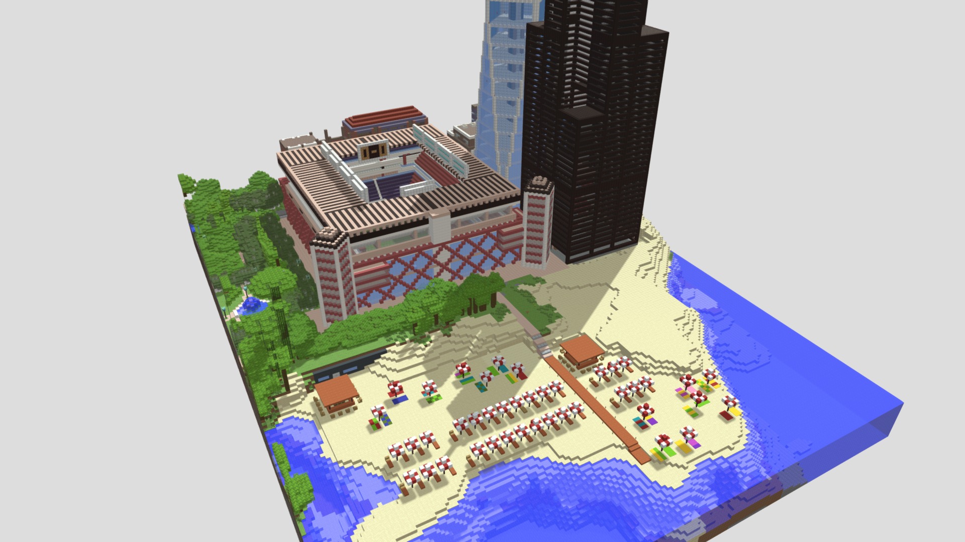 3D model Stadium, skyscraper and beach with umbrellas. - This is a 3D model of the Stadium, skyscraper and beach with umbrellas.. The 3D model is about map.