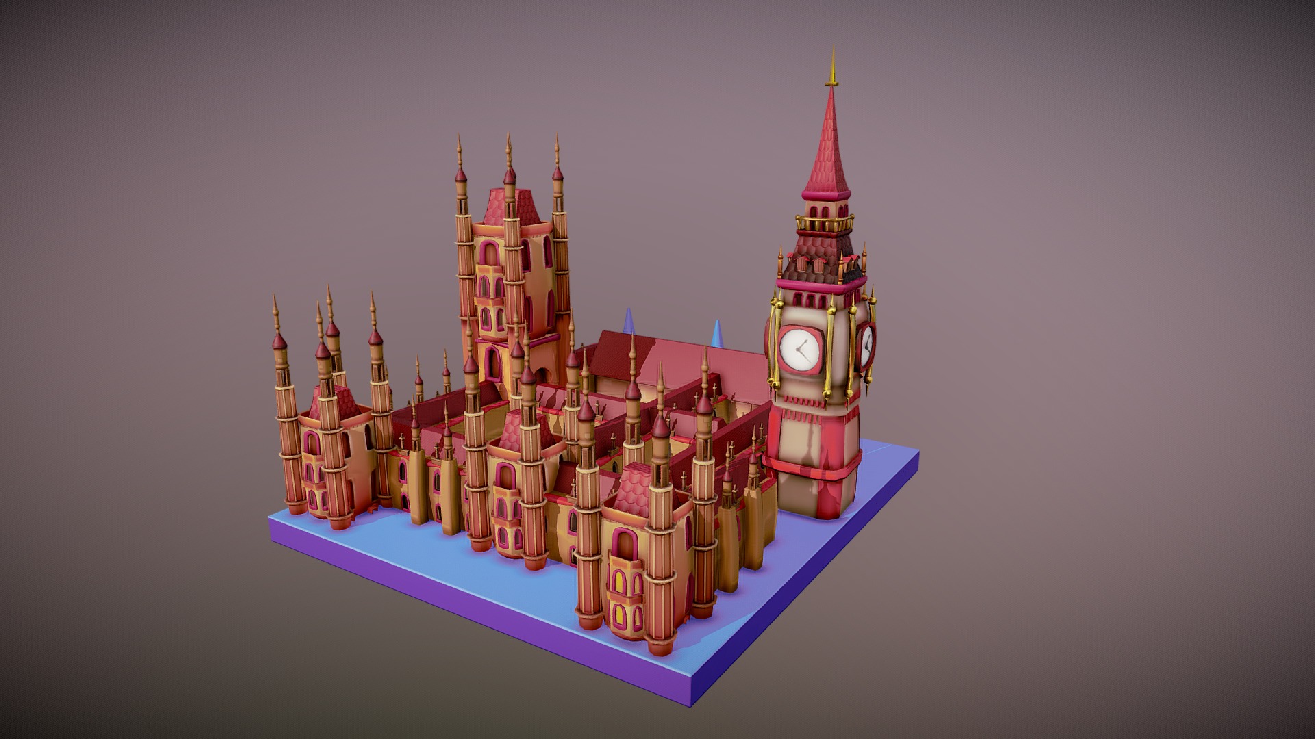 3D model Big Ben & Parliament Building - This is a 3D model of the Big Ben & Parliament Building. The 3D model is about a colorful castle with many pointed roofs.