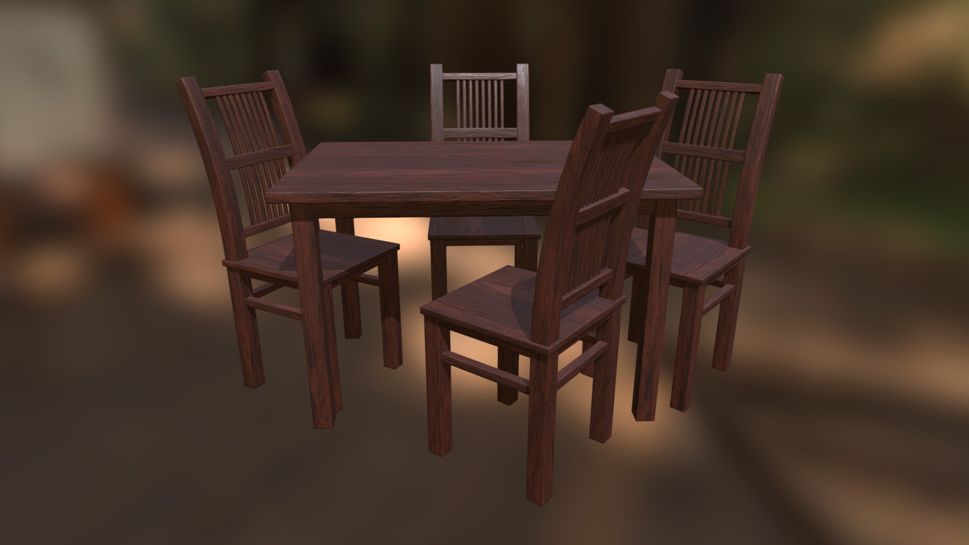 3D model Dark table and chairs - This is a 3D model of the Dark table and chairs. The 3D model is about a group of wooden chairs.