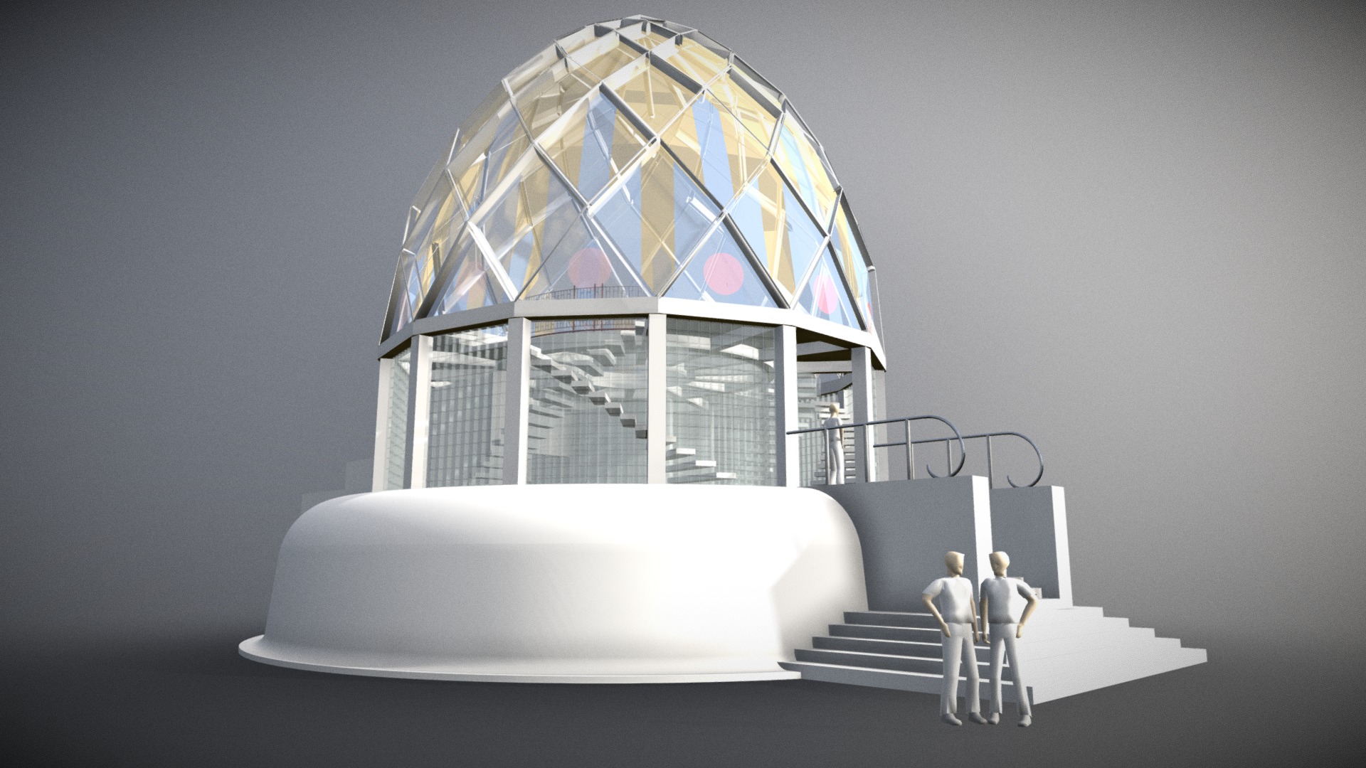 3D model Bruno Taut’s Glass Pavilion - This is a 3D model of the Bruno Taut's Glass Pavilion. The 3D model is about a couple of people looking at a large white object with a glass dome.