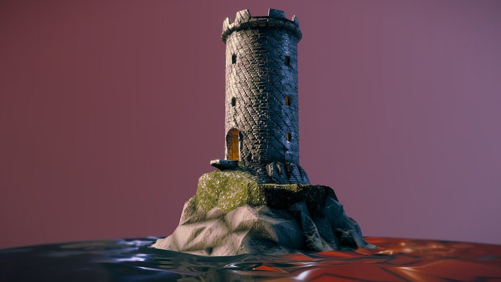 Low poly medieval tower on a small rocky island – Free 3D Model STL