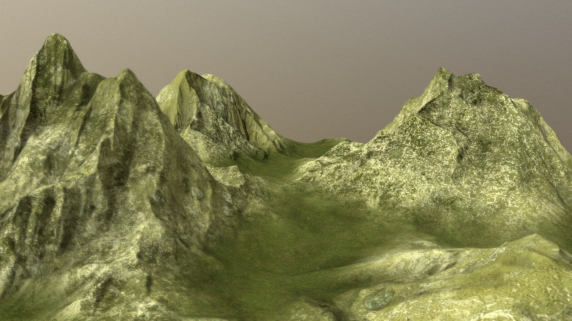 3D model Valley under the Mountains -low poly- - This is a 3D model of the Valley under the Mountains -low poly-. The 3D model is about a mountain with a foggy sky.