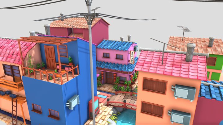 Stylized Little Japanese Town Street 3D Model