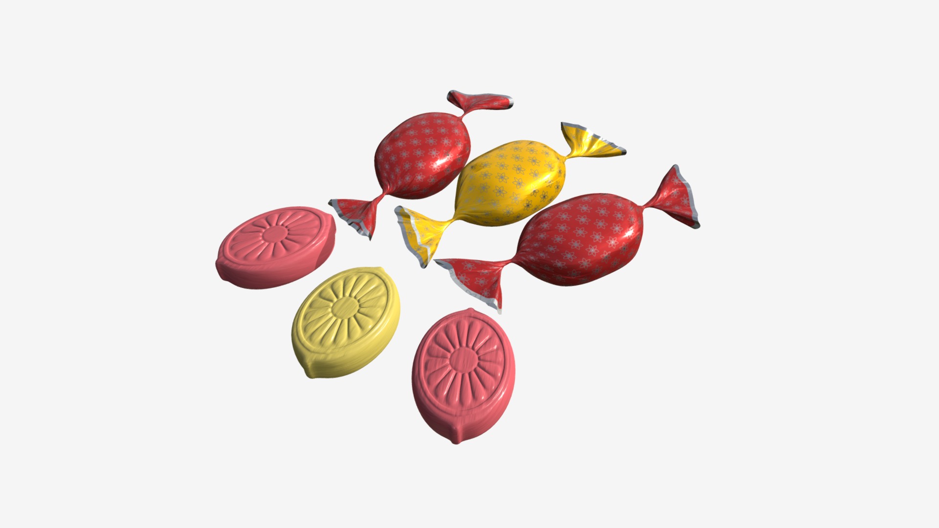3D model candy with wraps - This is a 3D model of the candy with wraps. The 3D model is about a group of colorful fruit.
