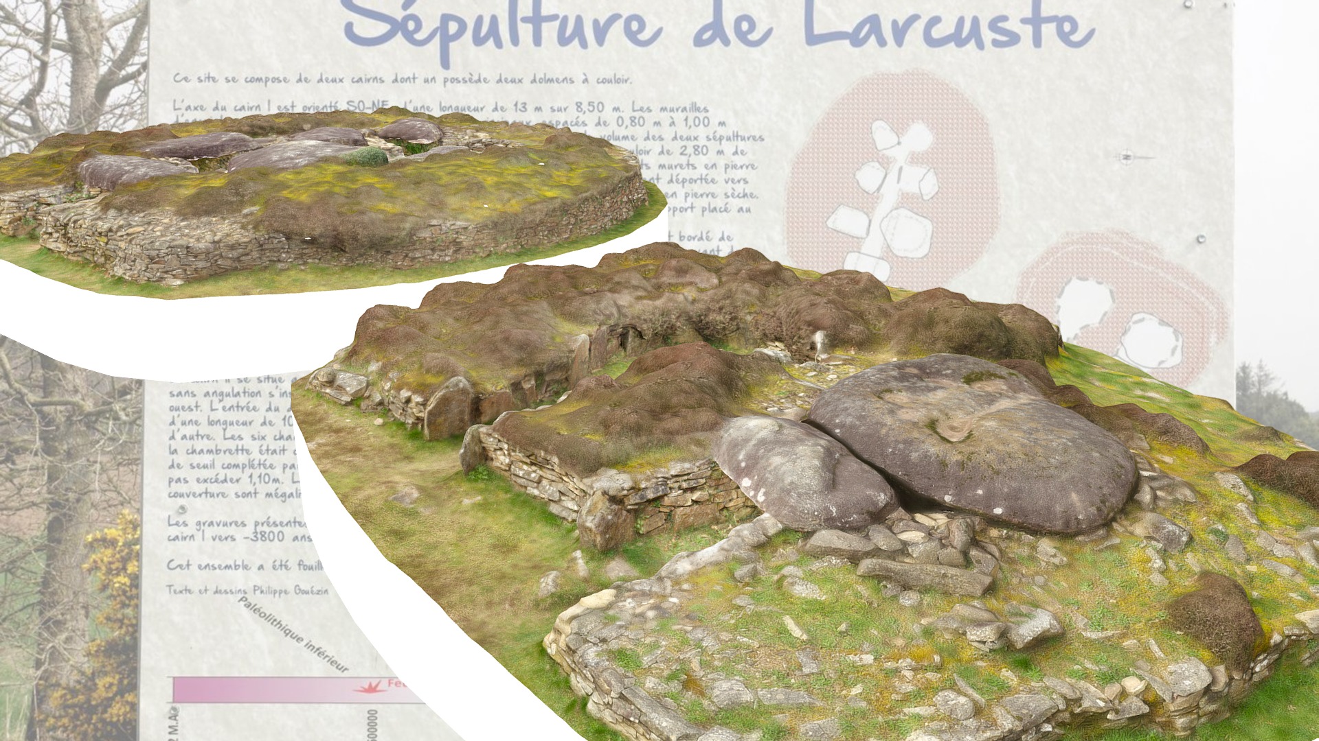 3D model Larcuste’s cairns – Colpo – Morbihan – France - This is a 3D model of the Larcuste's cairns - Colpo - Morbihan - France. The 3D model is about a sign with a picture of a turtle on a rock.