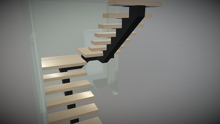 Modern stair  mono stringer and maple treads 3D Model