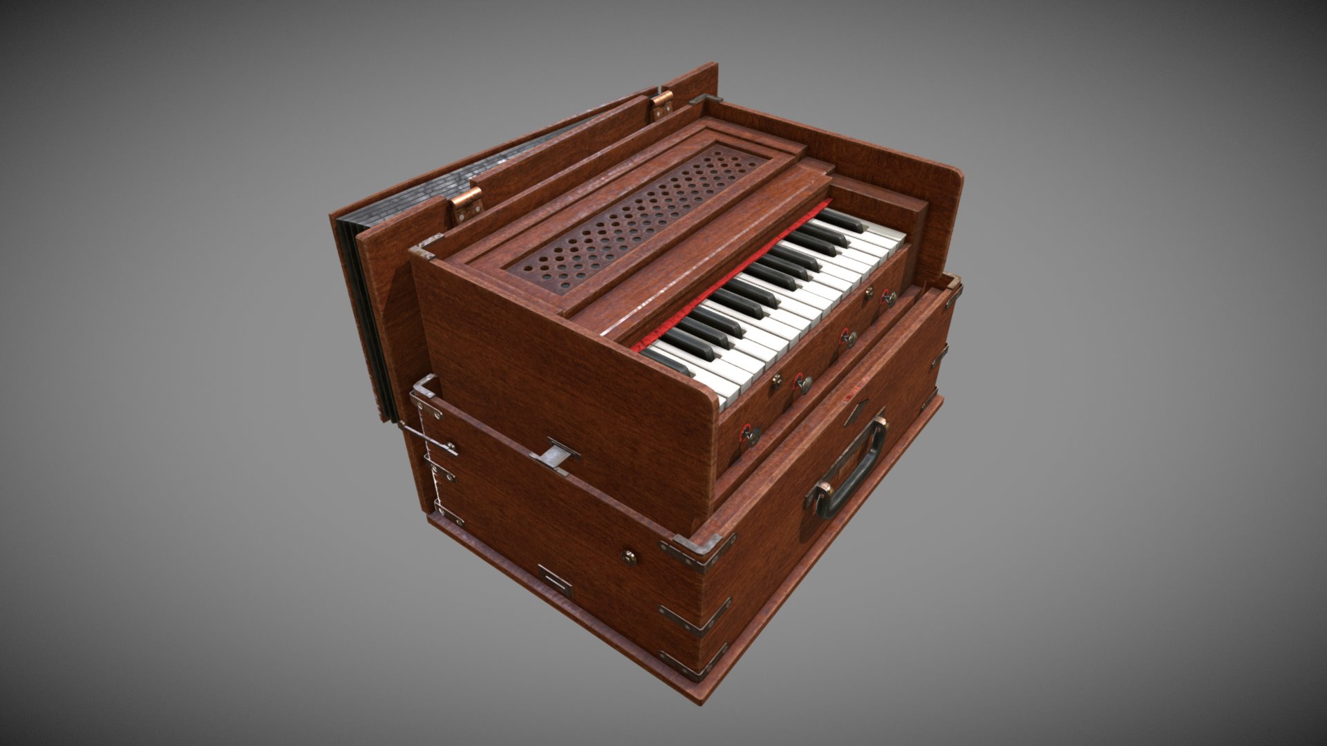 3D model Indian Harmonium - This is a 3D model of the Indian Harmonium. The 3D model is about a wooden box with a keyboard.