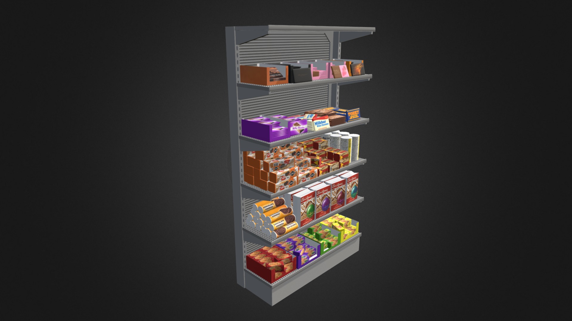 3D model Market Shelf – Cookies and Chocolates - This is a 3D model of the Market Shelf - Cookies and Chocolates. The 3D model is about a toy house with a black background.