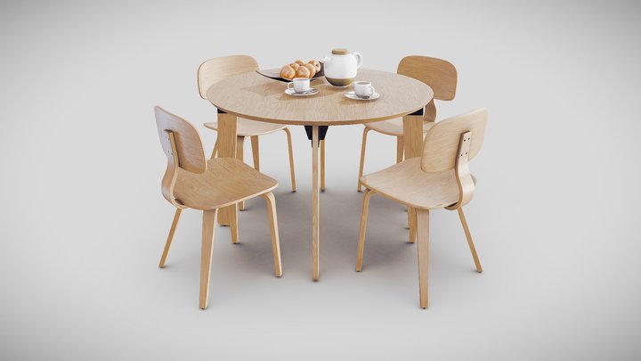 Wooden Dining Table Set 3D Model