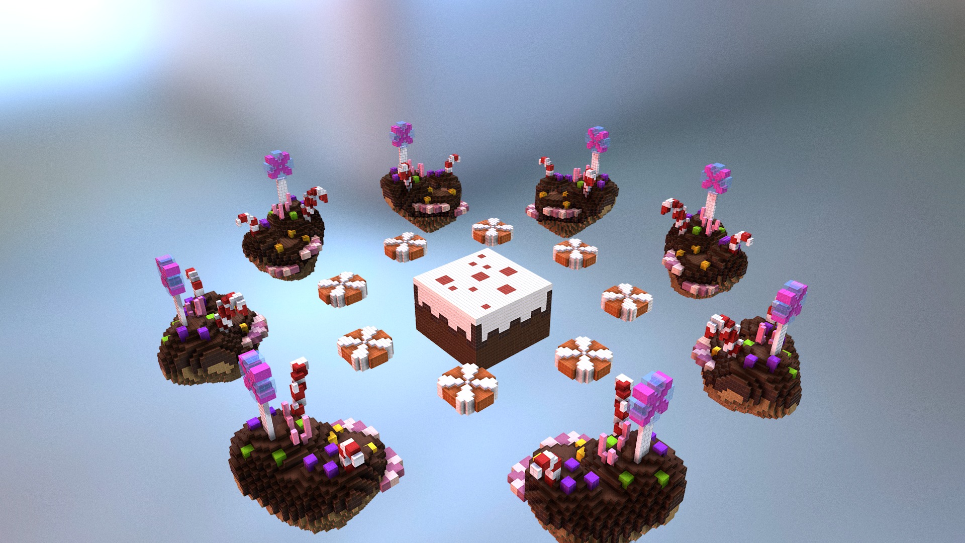 3D model CandyWarTeam&SoloSkywars - This is a 3D model of the CandyWarTeam&SoloSkywars. The 3D model is about a group of cupcakes with decorations.